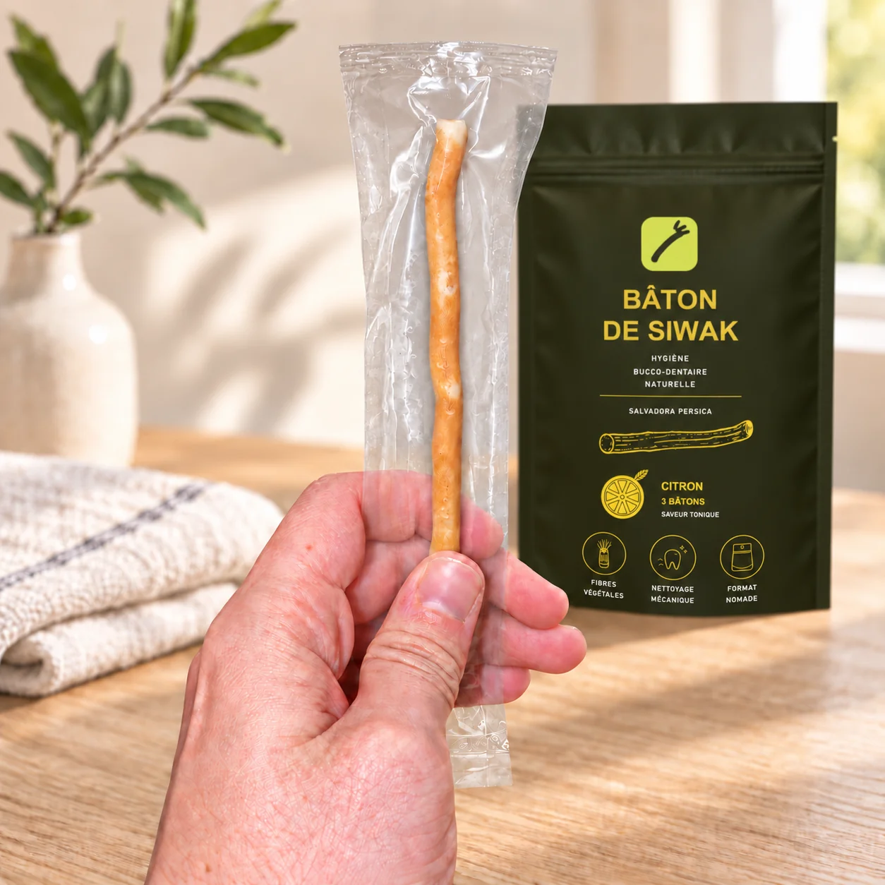 Bâton de siwak emballé sous vide tenu en main, avec le sachet saveur citron en arrière-plan