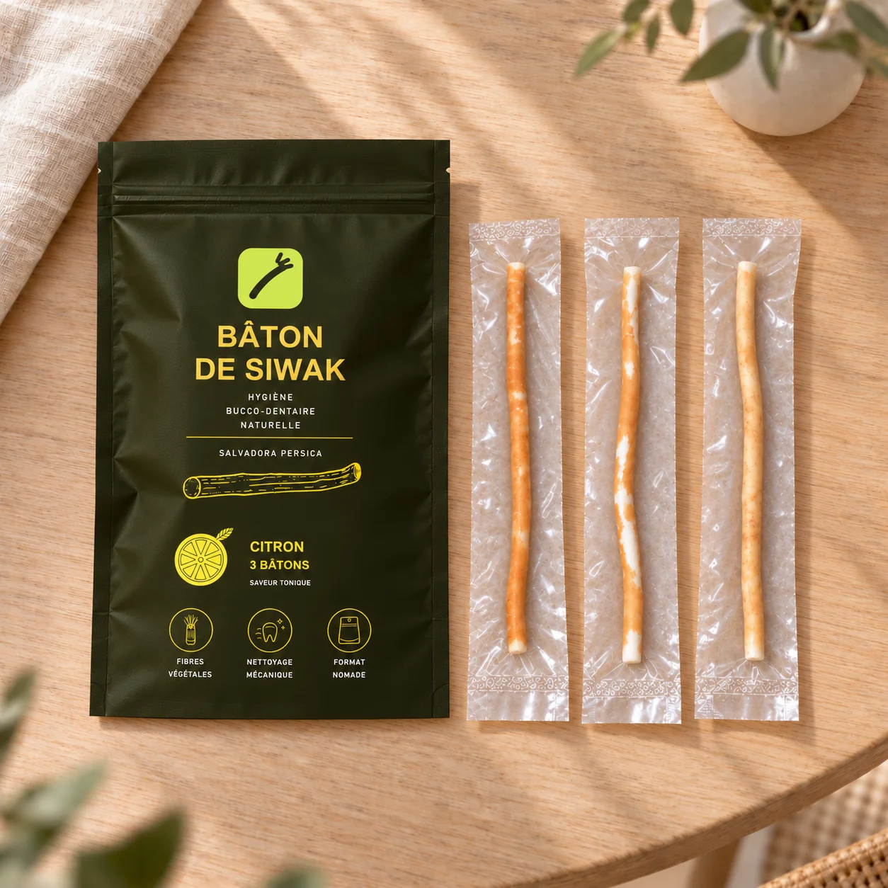 Sachet de siwak saveur citron et trois bâtons emballés sous vide, vue de dessus sur du bois