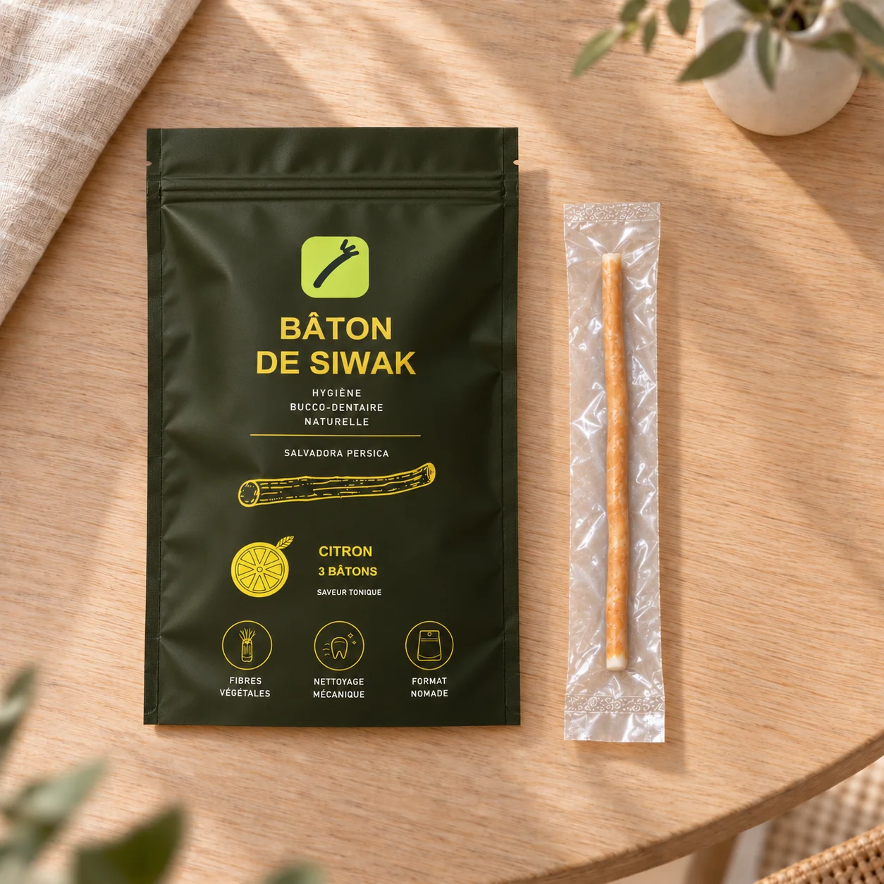 Sachet de siwak saveur citron et un bâton emballé sous vide, vue de dessus sur du bois