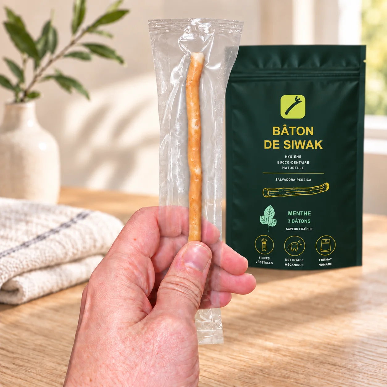 Bâton de siwak emballé sous vide tenu en main, avec le sachet saveur menthe en arrière-plan
