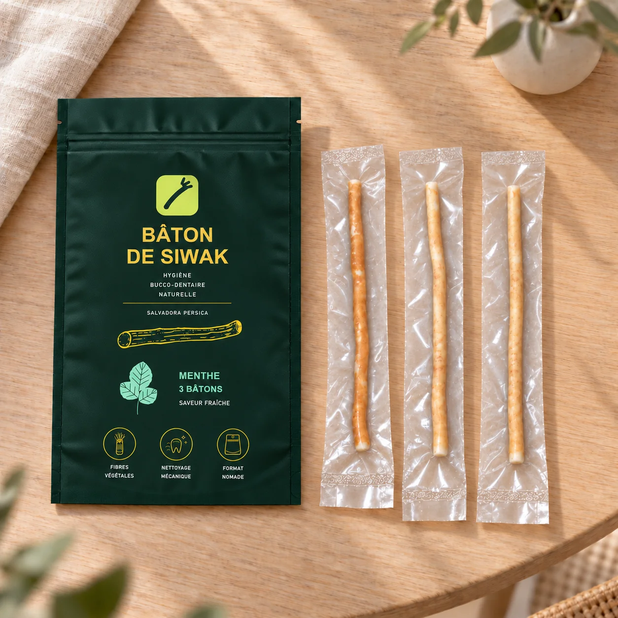 Sachet de siwak saveur menthe posé à plat à côté de trois bâtons emballés sous vide, sur une table en bois clair