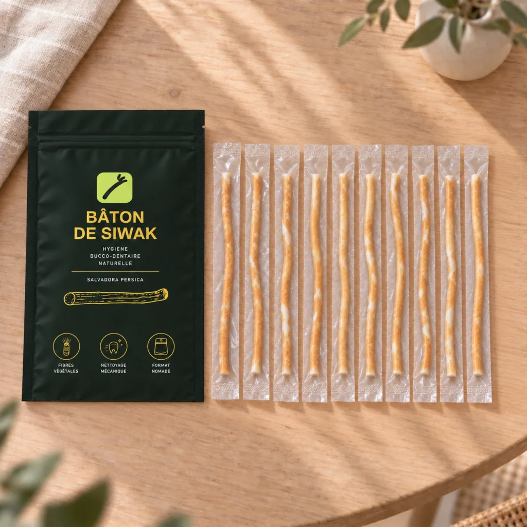 Sachet de siwak naturel posé à plat à côté de dix bâtons emballés sous vide, sur une table en bois clair