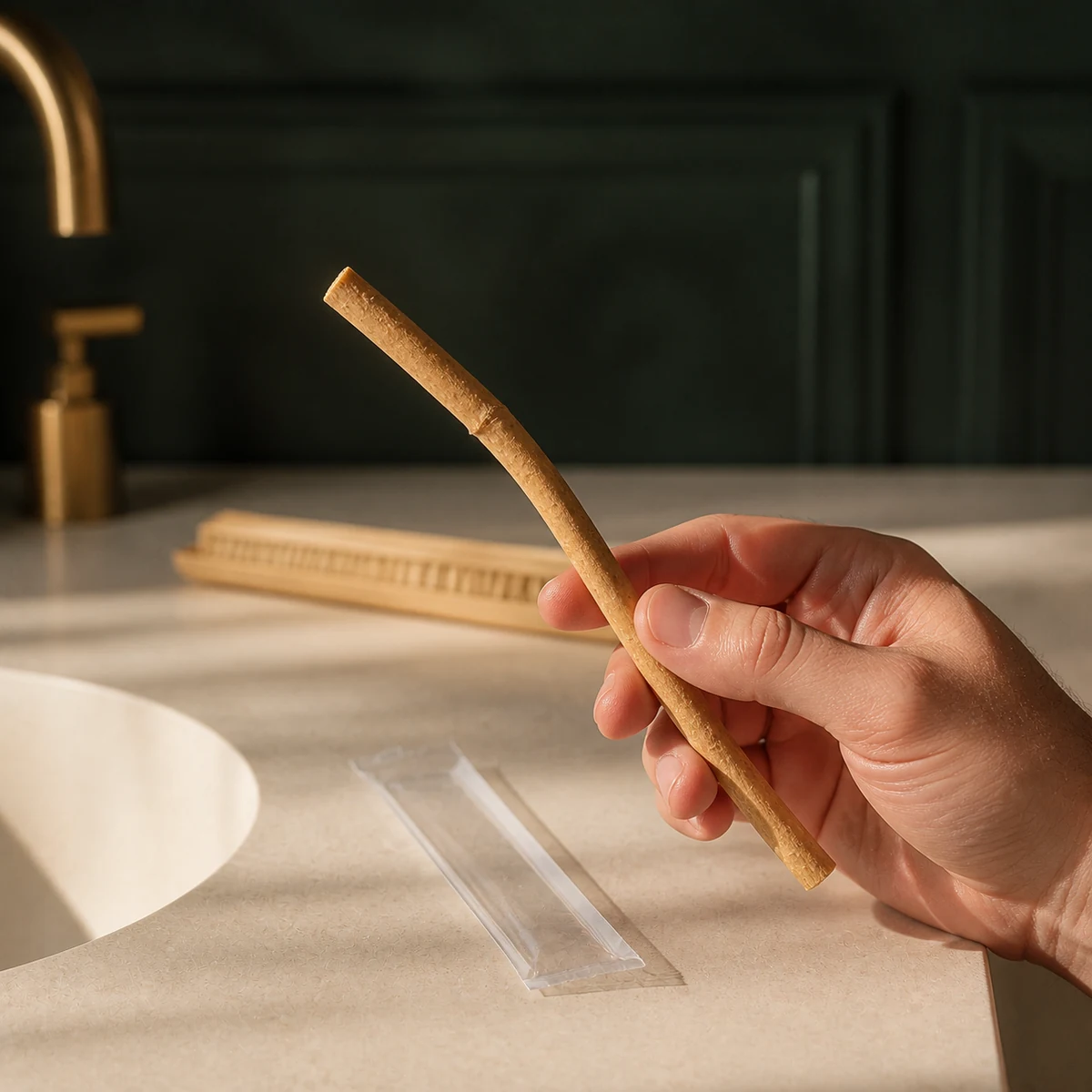 Bâton de siwak tenu en main pour montrer sa taille