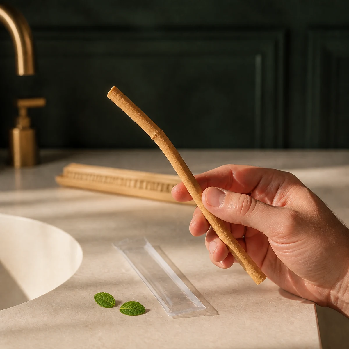 Siwak menthe tenu en main dans une salle de bain