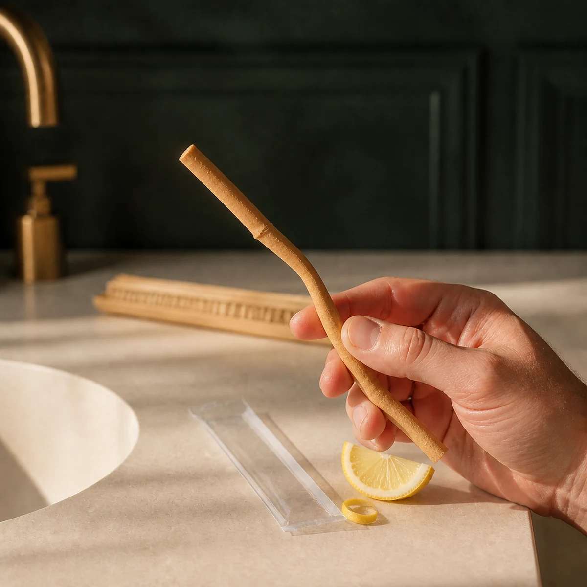Siwak citron tenu en main dans une salle de bain