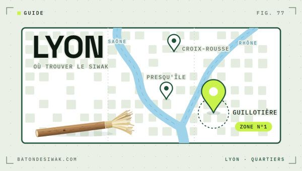 Carte de Lyon avec la Saône et le Rhône : la Guillotière en zone n°1 pour trouver du siwak, puis Presqu'île et Croix-Rousse