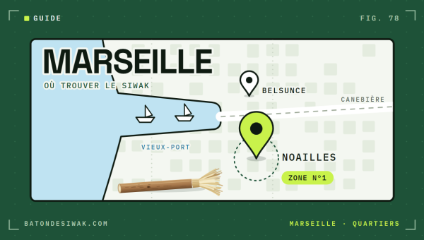 Carte de Marseille avec le Vieux-Port et la Canebière : Noailles en zone n°1 pour acheter du siwak, Belsunce ensuite