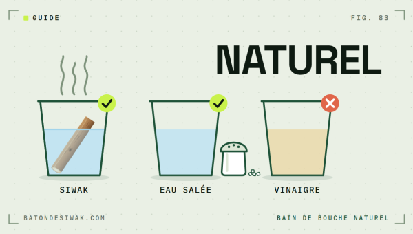 Trois verres comparés, siwak, eau salée et vinaigre : les bains de bouche naturels