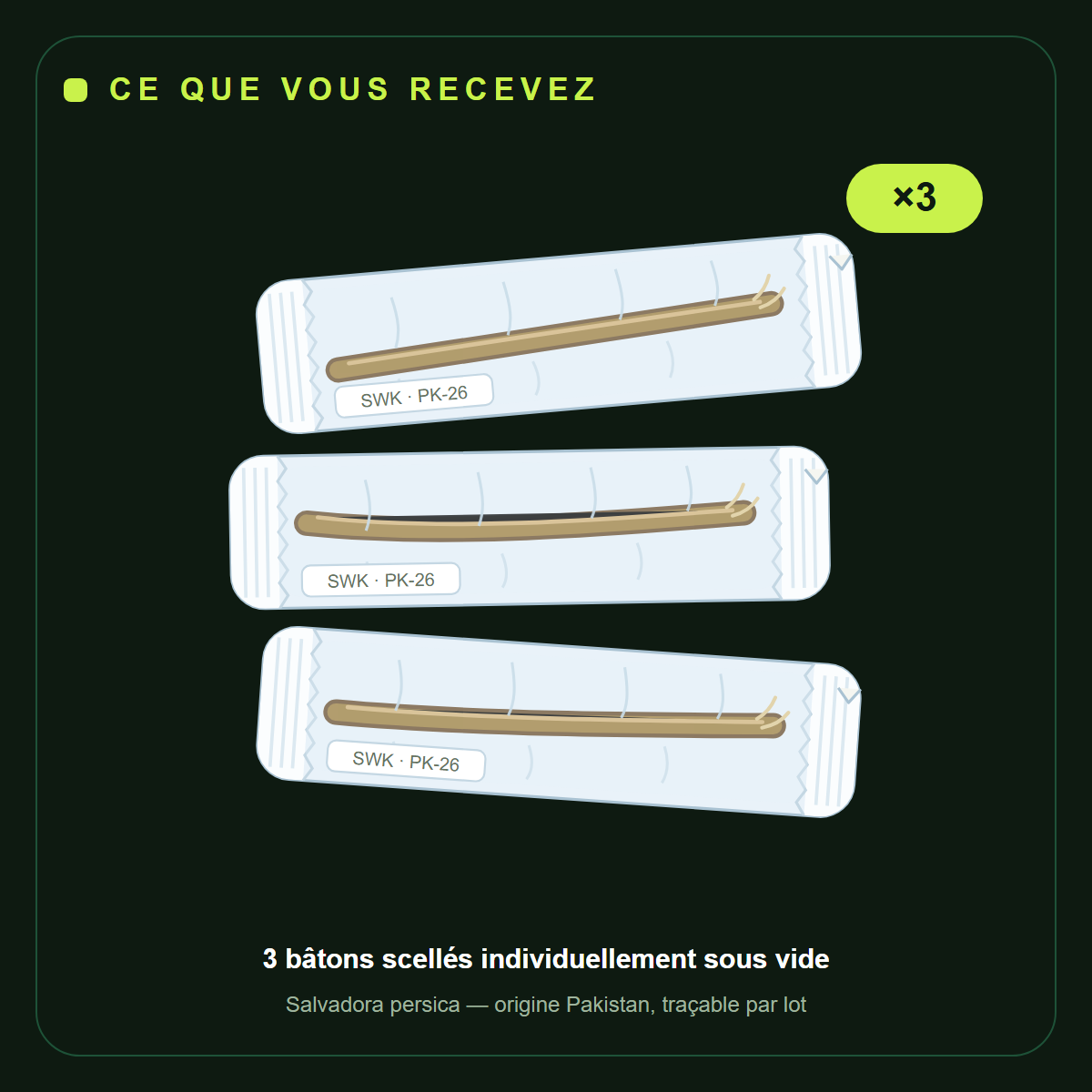 Ce que vous recevez : 3 bâtons de siwak scellés individuellement sous vide