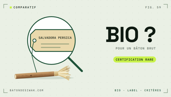 Loupe sur l'étiquette Salvadora persica d'un bâton brut : un siwak peut-il être bio ? Certification rare