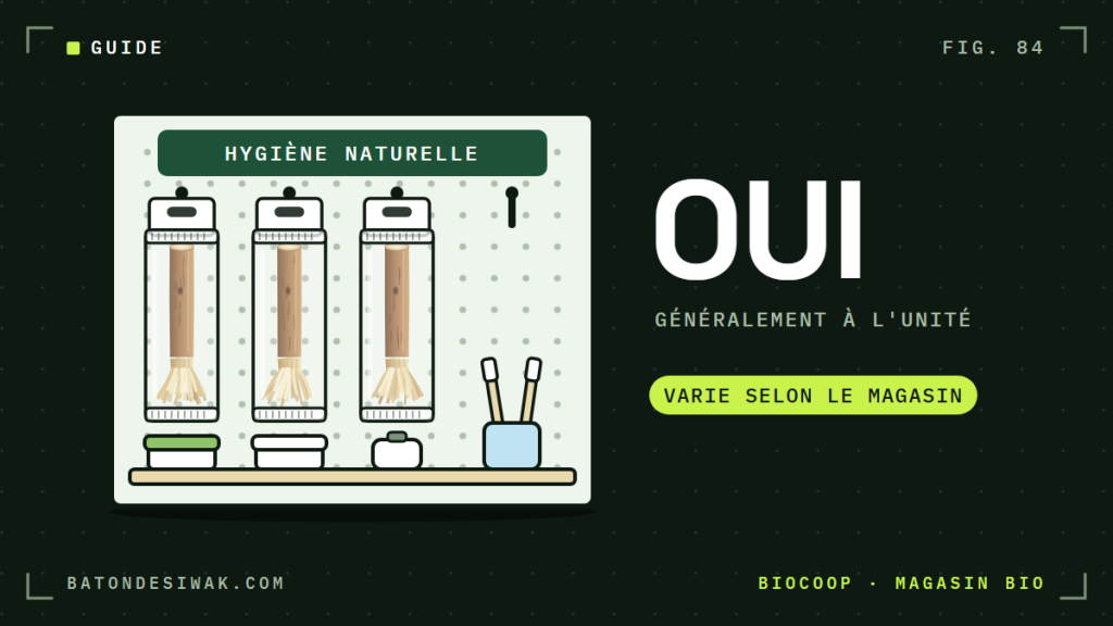 Présentoir de magasin bio avec des bâtons de siwak en sachet : chez Biocoop, oui, généralement à l'unité