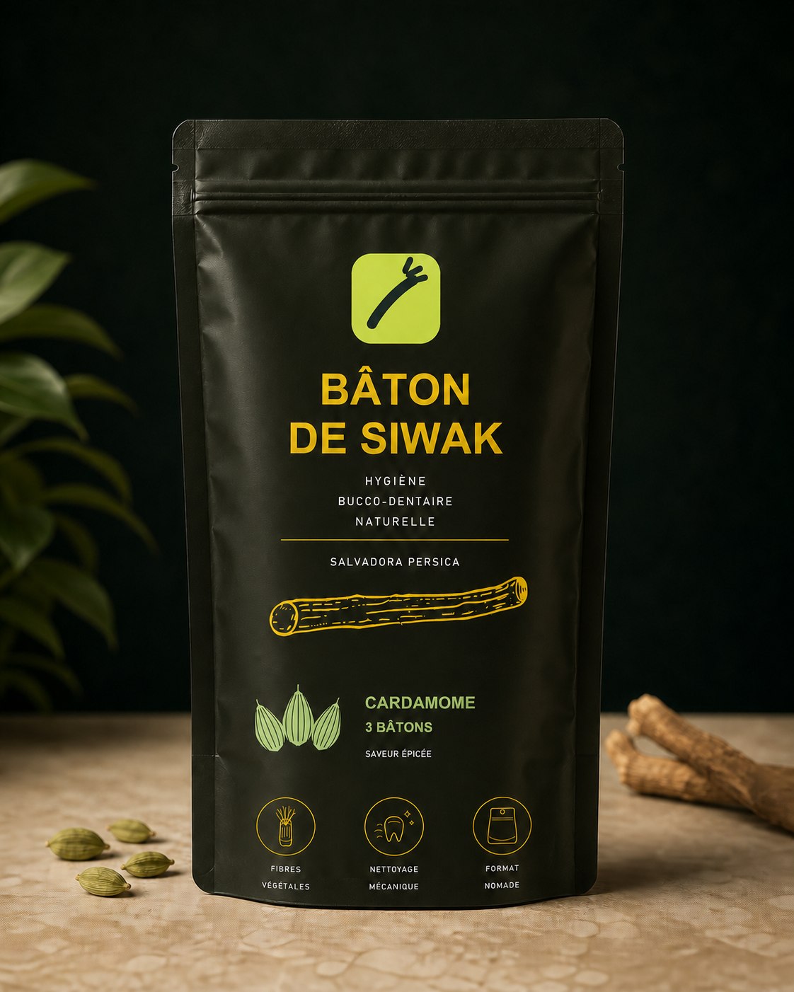 Sachet Bâton de Siwak à la cardamome, hygiène bucco-dentaire naturelle Salvadora persica