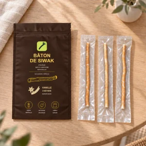 Sachet de siwak saveur vanille posé à plat à côté de trois bâtons emballés sous vide, sur une table en bois clair