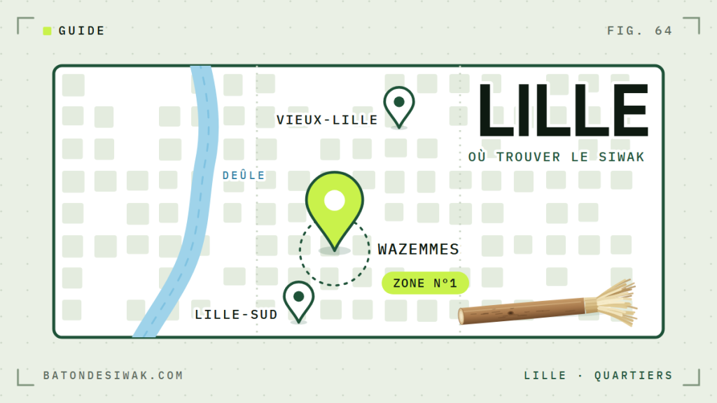 Carte de Lille et de la Deûle : Wazemmes en zone n°1 pour trouver du siwak, puis Vieux-Lille et Lille-Sud