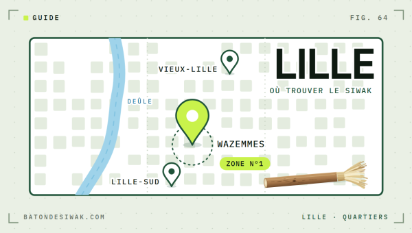 Carte de Lille et de la Deûle : Wazemmes en zone n°1 pour trouver du siwak, puis Vieux-Lille et Lille-Sud