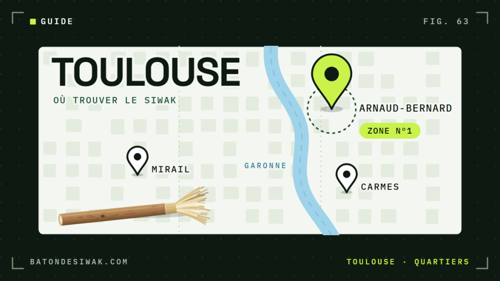 Carte de Toulouse et de la Garonne : Arnaud-Bernard en zone n°1 pour trouver du siwak, puis Carmes et Mirail